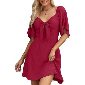 Womens Burgun Dresses 2024 Spring Summer Deep V Neck Elegant Bow tie Mini Dress